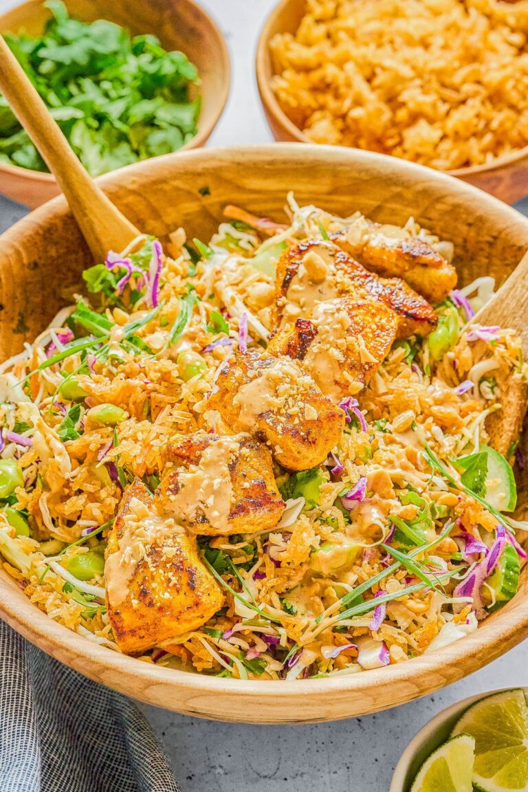 Chicken Satay Crispy Rice Salad Bowls (with Peanut Sauce!)